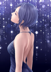 Rule 34 | 10s, 1girl, alternate costume, back, backless outfit, bare back, bare shoulders, black hair, breasts, closed eyes, commentary request, hakobi (8kb), hayami kanade, highres, idolmaster, idolmaster cinderella girls, medium breasts, parted bangs, short hair, upper body