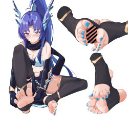 1girl absurdres barefoot blue_eyes blue_hair blue_nails blush censored feet foot_focus footjob gloves high_ponytail highres long_hair nail_polish nanase_young partially_fingerless_gloves ponytail soles stirrup_legwear toeless_legwear toenail_polish toenails toes under-stirrup_footjob