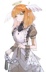 Rule 34 | ?, angel wings, black nails, brown shirt, buttons, chain, chained wrists, collared shirt, cross, cross hair ornament, dress, green eyes, hair ornament, halo, highres, holding cloth, lifted by self, looking at viewer, medium hair, nail polish, orange hair, original, parted lips, puffy short sleeves, puffy sleeves, sash, shirt, short sleeves, simple background, solo, standing, sweat, syu45, twitter username, white background, white dress, white sash, wings