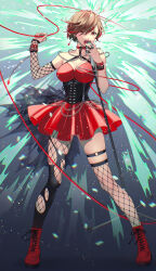 1girl absurdres asymmetrical_legwear asymmetrical_sleeves black_corset black_pantyhose black_thighhighs boots bracelet breasts brown_hair chain choker cleavage commentary_request corset detached_sleeves dress fishnet_pantyhose fishnet_sleeves fishnet_thighhighs fishnets frown full_body highres holding holding_microphone_stand jewelry koyama_rikako looking_at_viewer medium_breasts meiko_(vocaloid) microphone_stand multicolored_hair multiple_bracelets open_mouth pantyhose pleated_dress red_choker red_dress red_eyes red_footwear red_hair red_nails red_ribbon ribbon short_dress short_hair solo strapless strapless_dress thigh_strap thighhighs torn_clothes torn_pantyhose vocaloid wind