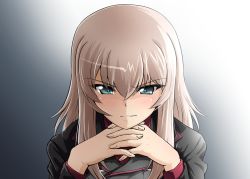 Rule 34 | &gt;:), 10s, 1girl, black jacket, blue eyes, blush, head rest, diesel-turbo, gendou pose, girls und panzer, own hands clasped, itsumi erika, jacket, light brown hair, long hair, long sleeves, looking at viewer, military, military uniform, nose blush, own hands together, solo, uniform, upper body, v-shaped eyebrows