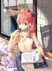 Rule 34 | 1girl, absurdres, black bow, book, bow, cafe, commentary, drink, english commentary, food, hair between eyes, hair ornament, hairclip, highres, holding, holding drink, kuri (animejpholic), long hair, long sleeves, open book, original, outdoors, pink hair, restaurant, sandwich, shirt, sidelocks, solo, white shirt
