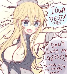 Rule 34 | 10s, 1girl, bad anatomy, blonde hair, breasts, burning love (phrase), cleavage, english text, heart, heart in mouth, iowa (kancolle), kantai collection, kvlen, large breasts, long hair, solo, star-shaped pupils, star (symbol), symbol-shaped pupils