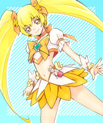 Rule 34 | 10s, 1girl, blonde hair, bow, brooch, choker, cure sunshine, earrings, english text, hair ornament, hair ribbon, happy, heart, heart brooch, heartcatch precure!, jewelry, kurochiroko, long hair, looking at viewer, magical girl, midriff, myoudouin itsuki, navel, orange bow, precure, ribbon, skirt, smile, solo, twintails, very long hair, wrist cuffs, yellow bow, yellow eyes