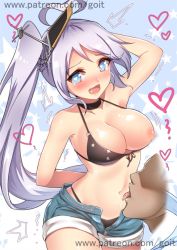 Rule 34 | 1boy, 1girl, :d, ^^^, ahoge, arm behind back, armpits, artist name, azur lane, bare arms, bare shoulders, bikini, bikini under clothes, black bikini, black choker, blue eyes, blush, breasts, choker, cleavage, collarbone, cowboy shot, dark-skinned male, dark skin, denim, denim shorts, go-it, headgear, heart, heart-shaped pupils, hetero, large breasts, licking, licking navel, licking stomach, long hair, looking at viewer, motion lines, navel, nipples, one breast out, open fly, open mouth, portland (azur lane), saliva, shiny skin, short shorts, shorts, side ponytail, signature, silver hair, smile, solo focus, standing, star (symbol), starry background, stomach, swimsuit, symbol-shaped pupils, tareme, tongue, tongue out, trembling, unzipped, very long hair, watermark, wavy mouth, web address