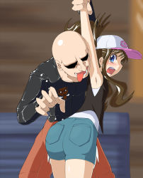 Rule 34 | 10s, 1boy, 1girl, arm up, armpits, ass, bald, baseball cap, blue eyes, brown hair, creatures (company), game freak, hat, hilda (pokemon), holding another&#039;s wrist, imminent rape, jacket, licking, licking armpit, nintendo, open mouth, pokemon, pokemon (creature), pokemon bw, restrained, shaded face, shorts, tears, wristband
