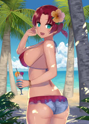 Rule 34 | 1girl, absurdres, alternate costume, asato (fadeless), ass, beach, bikini, blue eyes, boudica (fate), bracelet, breasts, cloud, cup, day, drinking glass, earrings, fate/grand order, fate (series), frilled bikini, frills, highres, holding, holding cup, holding drinking glass, jewelry, large breasts, looking at viewer, looking back, low ponytail, ocean, open mouth, outdoors, palm tree, red hair, solo, standing, swimsuit, tree