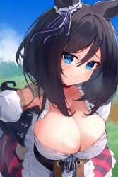 Rule 34 | 1girl, absurdres, animal ears, apron, bare shoulders, black hair, black sleeves, blouse, blue eyes, blue sky, bob cut, bodice, breasts, choker, cleavage, commentary request, detached sleeves, dirndl, ear ornament, ear scrunchie, eishin flash (umamusume), frilled apron, frilled sleeves, frills, german clothes, hair between eyes, highres, horse ears, horse girl, jewelry, large breasts, looking at viewer, outdoors, red choker, scrunchie, shirt, short hair, shumai il, sky, smile, solo, umamusume, upper body, white apron, white scrunchie, white shirt