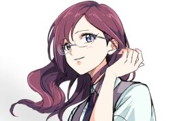 Rule 34 | 1girl, blue eyes, blue necktie, blush, glasses, grey-framed eyewear, hand up, idolmaster, idolmaster cinderella girls, idolmaster cinderella girls starlight stage, long hair, looking at viewer, necktie, parted lips, portrait, purple hair, shirt, short sleeves, simple background, smile, solo, tsukikage oyama, white background, white shirt, yagami makino