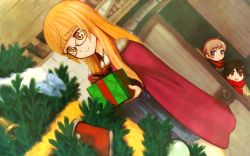 Rule 34 | 3girls, absurdres, ahoge, bell, blonde hair, blue eyes, blush stickers, brown eyes, brown hair, capelet, christmas, christmas ornaments, christmas stocking, christmas tree, gift, glasses, highres, jacket, kuro ari (pixiv), long hair, lynette bishop, mittens, miyafuji yoshika, multiple girls, open mouth, perrine h. clostermann, red capelet, red mittens, red scarf, scarf, short hair, smile, christmas stocking, strike witches, tinsel, world witches series, yellow eyes