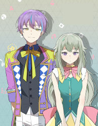 Rule 34 | 1boy, 1girl, black vest, blue hair, bow, bowtie, buttons, closed mouth, collared shirt, commentary, cowboy shot, dot nose, green hair, highres, iwatnc, kamishiro rui, kusanagi nene, lapels, long hair, long sleeves, looking at viewer, multicolored hair, musical note, neck ribbon, notched lapels, pants, pink bow, pink bowtie, project sekai, purple eyes, purple hair, ribbon, shirt, short hair, sleeveless, smile, star (symbol), streaked hair, two-tone hair, vest, white pants, yellow eyes, yellow ribbon