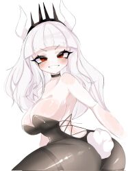 Rule 34 | 1girl, backless outfit, bare shoulders, blush, breasts, cleavage, demon girl, demon horns, hairband, helltaker, highres, horns, large breasts, leotard, long hair, looking at viewer, lucifer (helltaker), mikatsu27, mole, mole under eye, playboy bunny, rabbit tail, red eyes, sideboob, smile, thick thighs, thighs, white hair, wide hips