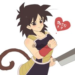 Rule 34 | 1girl, 2015, armor, bad id, bad pixiv id, bare arms, bare shoulders, black eyes, black hair, blush, clenched hand, dated, dragon ball, fingernails, gine, happy, heart, holding, holding knife, knife, looking away, short hair, simple background, smile, solo, tail, upper body, white background, wristband