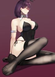 Rule 34 | 1girl, animal ears, armlet, bare shoulders, black gloves, black leotard, black thighhighs, blush, breasts, chain, cleavage, closed mouth, detached collar, earrings, fake animal ears, feet, gloves, hayabusa (vert 320), highres, hip focus, jewelry, large breasts, legs, leotard, mole, mole on ass, mole on breast, mole under eye, original, playboy bunny, purple background, purple hair, rabbit ears, red eyes, short hair, sitting, solo, thighhighs, thighs