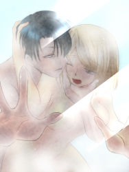 Rule 34 | 1boy, 1girl, against glass, artist request, bent over, blonde hair, blush, breasts, brown eyes, hetero, levi (shingeki no kyojin), medium breasts, mixed-sex bathing, nude, one eye closed, open mouth, petra ral, sex, shared bathing, shingeki no kyojin, short hair, shower, steam, sweat, tagme, thighs, vaginal, wet, wince