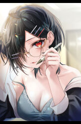Rule 34 | 1girl, absurdres, black hair, blush, breasts, cleavage, glasses, hair behind ear, hair ornament, hair over one eye, hairclip, hairpin, highres, holding, holding pen, long sleeves, looking at viewer, medium breasts, medium hair, multiple hairpins, off shoulder, original, parted lips, pen, red eyes, round eyewear, solo, strap slip, upper body, yufou