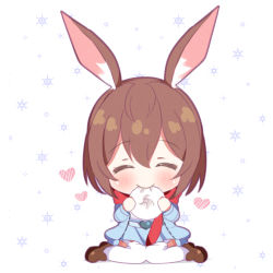 Rule 34 | 1girl, ^ ^, amiya (arknights), animal ear fluff, animal ear legwear, animal ears, arknights, baozi, blue jacket, blue skirt, blush, brown footwear, brown hair, chibi, closed eyes, closed mouth, commentary, eating, facing viewer, food, full body, hair between eyes, heart, holding, holding food, jacket, loafers, open clothes, open jacket, pleated skirt, rabbit ear legwear, rabbit ears, rebaa, red scarf, scarf, shadow, shoes, simple background, sitting, skirt, snowflake background, solo, thighhighs, wariza, white background, white thighhighs