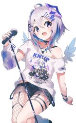 Rule 34 | 1girl, ahoge, amane kanata, amane kanata (punk rock), angel, angel wings, black choker, black shorts, blue hair, blue nails, breasts, cat hair ornament, character print, choker, fishnet thighhighs, fishnets, fragir, grey hair, hair intakes, hair ornament, hairpin, halo, highres, holding, holding microphone, hololive, looking at viewer, microphone, nail polish, official alternate costume, open mouth, purple eyes, self character print, shirt, shorts, small breasts, smile, solo, star halo, thighhighs, virtual youtuber, white background, white shirt, wings, x hair ornament