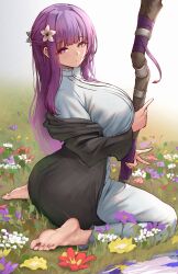 Rule 34 | 1girl, absurdres, barefoot, black robe, breasts, bright pupils, commentary, dress, duchessofarmeria, feet, fern (sousou no frieren), field, flower, flower field, hair flower, hair ornament, highres, holding, holding staff, huge breasts, long hair, looking at viewer, looking to the side, outdoors, purple eyes, purple hair, robe, sitting, soles, solo, sousou no frieren, staff, toes, v, very long hair, wariza, white dress, white pupils