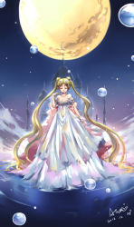 Rule 34 | 10s, 1990s (style), 1girl, 2012, bare shoulders, bishoujo senshi sailor moon, blonde hair, castle, crescent, crescent facial mark, dated, double bun, dress, closed eyes, facial mark, full moon, long hair, moon, princess serenity, puyue, retro artstyle, smile, solo, strapless, strapless dress, tsukino usagi, twintails, white dress