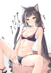 Rule 34 | 1girl, animal ear fluff, animal ears, areola slip, bare arms, bare shoulders, bikini, black bikini, black hair, blush, bow, breasts, cat ears, cat girl, cat tail, collarbone, feet out of frame, green eyes, hair bow, heart, heart-shaped pupils, highres, in heat, karyl (princess connect!), karyl (summer) (princess connect!), long hair, looking at viewer, low twintails, motion lines, multicolored hair, nagi (shunsuke-manage), navel, parted lips, princess connect!, purple bow, pussy, sandals, small breasts, solo, spread legs, stomach, streaked hair, sweat, swimsuit, symbol-shaped pupils, tail, trembling, twintails, two-tone hair, very long hair, white hair