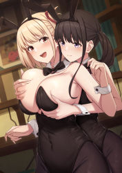Rule 34 | 2girls, :d, alternate costume, animal ears, bare shoulders, behind another, black bow, black bowtie, black hair, black hairband, black leotard, black pantyhose, blonde hair, blush, bow, bowtie, grabbing another&#039;s breast, breasts, cleavage, closed mouth, commentary request, detached collar, dot nose, fake animal ears, grabbing, grabbing from behind, hair ribbon, hairband, highres, inoue takina, kannko bokujou, large breasts, leotard, long hair, lycoris recoil, multiple girls, nishikigi chisato, open mouth, paid reward available, pantyhose, playboy bunny, purple eyes, rabbit ears, red eyes, red ribbon, ribbon, short hair, smile, twintails, wrist cuffs