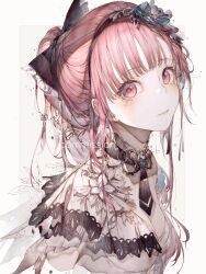 Rule 34 | 1girl, black bow, blush, bow, breasts, brooch, cleavage, commission, cropped torso, flower, flower request, grey background, hair bow, hair flower, hair ornament, hairband, highres, hito komoru, jewelry, long hair, looking at viewer, medium breasts, original, parted lips, pink eyes, pink hair, simple background, solo, sparkle, teeth, upper body, white background