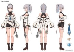 Rule 34 | 1girl, back, boots, braid, breasts, character sheet, cleavage, commentary request, copyright notice, detached sleeves, from side, full body, green eyes, grey hair, hair between eyes, high heel boots, high heels, highres, hololive, large breasts, looking at viewer, mace, multiple views, official art, ponytail, see-through, see-through cleavage, shirogane noel, shirogane noel (5th costume), shorts, simple background, smile, standing, thigh strap, virtual youtuber, watao, weapon, white background