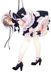 Rule 34 | 1girl, anal beads, apron, bdsm, bent over, blush, bondage, bound, breasts, breasts out, brown hair, bun cover, closed eyes, f-ism, female focus, frills, full body, hair bun, hanging breasts, high heels, highres, maid, maid apron, maid headdress, murakami suigun, nipples, original, restrained, ribbon, rope, sex toy, shoes, simple background, single hair bun, skirt, solo, standing, tears, thighhighs, vibrator, vibrator in thighhighs, white background, white thighhighs