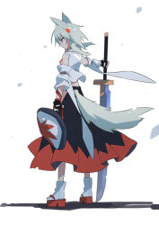 Rule 34 | 1girl, absurdres, animal ears, black skirt, closed mouth, commentary, detached sleeves, from side, full body, geta, highres, holding, holding shield, holding sword, holding weapon, inubashiri momiji, kakaricho dairi, leaf print, maple leaf print, medium hair, red eyes, red footwear, red skirt, shield, shirt, simple background, skirt, socks, solo, standing, sword, tail, tengu-geta, touhou, two-tone skirt, weapon, white background, white hair, white shirt, white socks, wolf ears, wolf girl, wolf tail