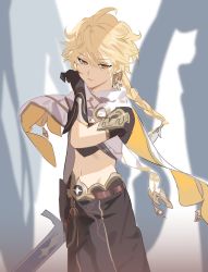 Rule 34 | 1boy, aether (genshin impact), ahoge, black gloves, black pants, black shirt, blonde hair, blood, blood on face, braid, cape, cowboy shot, crop top, earrings, genshin impact, gloves, hair between eyes, half-closed eyes, highres, holding, holding sword, holding weapon, injury, jewelry, long hair, looking down, male focus, midriff, mikuroron, navel, orange eyes, pants, shirt, single braid, single earring, solo, sword, weapon, white cape, wiping face