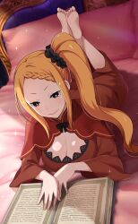 Rule 34 | 1girl, barefoot, bed, blonde hair, book, braid, braided bangs, breasts, cleavage, dress, highres, large breasts, long hair, long sleeves, lying, official art, on bed, on stomach, pillow, priscilla barielle, re:zero kara hajimeru isekai seikatsu, reading, reading, red dress, red eyes, side ponytail, smile, soles, solo, wide sleeves