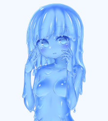 Rule 34 | 1girl, blue eyes, blue hair, blue sclera, blue skin, blue theme, blush, breasts, colored sclera, colored skin, completely nude, curss, embarrassed, hands up, highres, long hair, looking at viewer, medium breasts, monochrome, monster girl, nude, original, parted lips, simple background, slime girl, solo, upper body, white background