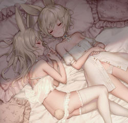 Rule 34 | 2girls, animal ears, ass, bare arms, bare shoulders, bed sheet, blush, breasts, choker, closed eyes, closed mouth, collarbone, commentary request, crop top, dress, frilled pillow, frills, hair between eyes, hands up, long hair, lying, multiple girls, navel, off-shoulder dress, off shoulder, on back, on side, original, panties, panty pull, pillow, profile, puffy short sleeves, puffy sleeves, rabbit ears, rabbit girl, rabbit tail, short hair, short sleeves, silver hair, sleeping, small breasts, tail, thighhighs, underwear, white choker, white dress, white legwear, white panties, yutsumoe