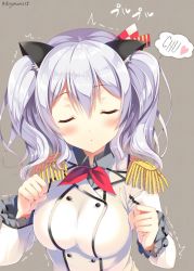 Rule 34 | 10s, 1girl, blush, breasts, epaulettes, closed eyes, hair ornament, hat, heart, incoming kiss, kantai collection, kashima (kancolle), kerchief, shaking, silver hair, simple background, solo, sousouman, trembling, twintails, twitter username, uniform, upper body