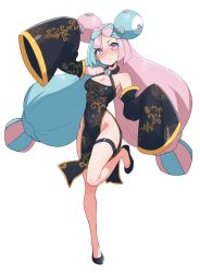 Rule 34 | 1girl, alternate costume, bare shoulders, blue hair, blush, bow-shaped hair, breasts, character hair ornament, china dress, chinese clothes, cleavage, covered navel, creatures (company), detached sleeves, dress, full body, game freak, hair ornament, highres, iono (pokemon), kamidan, leg up, long hair, long sleeves, looking at viewer, multicolored hair, nintendo, parted lips, pink eyes, pink hair, pokemon, pokemon sv, sleeves past fingers, sleeves past wrists, solo, thigh strap, twintails, two-tone hair, very long hair, white background, wide sleeves