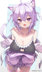 Rule 34 | 1girl, ahoge, animal ears, arms under breasts, bare shoulders, black camisole, breasts, camisole, cat cutout, cat ears, cat girl, cat tail, cleavage, clothing cutout, collarbone, commentary request, cowboy shot, double-parted bangs, hair between eyes, hair intakes, highres, hololive, hong (white spider), jacket, large breasts, looking at viewer, nekomata okayu, nekomata okayu (membership), off shoulder, official alternate costume, official alternate hairstyle, open mouth, patreon username, purple eyes, purple hair, purple jacket, short hair, solo, tail, two side up, virtual youtuber