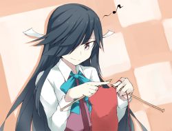 Rule 34 | 10s, 1girl, black hair, bow, bowtie, checkered background, hair over one eye, hayashimo (kancolle), kantai collection, knitting, knitting needle, long hair, long sleeves, looking at viewer, musical note, needle, quaver, shigino sohuzi, smile, solo, upper body