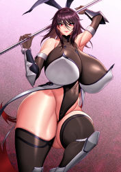 Rule 34 | 1girl, absurdres, arm up, armor, armpits, ass, bare shoulders, black gloves, black leotard, black thighhighs, breasts, brown hair, collarbone, covered collarbone, covered erect nipples, covered navel, elbow gloves, gauntlets, gloves, gluteal fold, gradient background, greaves, hair between eyes, hair ribbon, highleg, highleg leotard, highres, huge breasts, korean commentary, leg up, leotard, looking at viewer, mature female, medium hair, mijangsen, mizuki shiranui, over shoulder, puffy nipples, red eyes, ribbon, shiny skin, sidelocks, skin tight, skindentation, solo, standing, standing on one leg, taimanin (series), taimanin suit, taimanin yukikaze, thick thighs, thighhighs, thighs, translation request, v-shaped eyebrows, weapon, weapon over shoulder