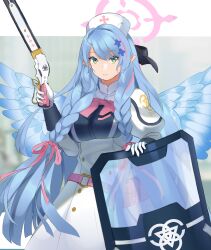 Rule 34 | 1girl, absurdres, angel wings, blue archive, blue hair, bow, bowtie, breasts, gloves, gun, hair ornament, halo, hat, highres, holding, holding gun, holding weapon, large breasts, lever action, long hair, mine (blue archive), noix, nurse cap, pink bow, pink bowtie, pointy ears, pump action, riot shield, shield, shotgun, simple background, weapon, winchester model 1897, wings
