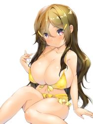 Rule 34 | 1girl, :/, alternate breast size, arm support, bikini, breasts, brown hair, cleavage, collarbone, feet out of frame, hair between eyes, hair ornament, hairclip, huge breasts, long hair, looking at viewer, navel, parted bangs, playing with own hair, purple eyes, shinomiya himawari, shiroie mika, sidelocks, simple background, sitting, solo, swimsuit, vividred operation, white background, yellow bikini