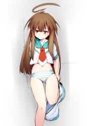 Rule 34 | 10s, 1girl, ahoge, blush, brown hair, embarrassed, huge ahoge, kantai collection, kuma (kancolle), long hair, momo (higanbana and girl), navel, panties, personification, red eyes, solo, standing, standing on one leg, striped clothes, striped panties, underwear, undressing