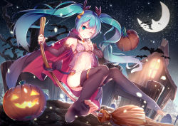 Rule 34 | 1girl, aqua eyes, aqua hair, barefoot, broom, cape, commentary, crescent moon, detached sleeves, feet, halloween, hatsune miku, highres, jack-o&#039;-lantern, long hair, moon, navel, night, no shoes, one eye closed, outdoors, pumpkin, revision, sky, soles, solo, star (sky), starry sky, thighhighs, toeless legwear, toes, tree, twintails, very long hair, vocaloid, yan (nicknikg)