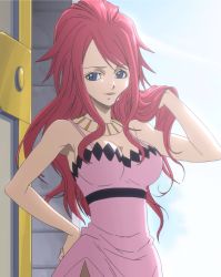 Rule 34 | 1girl, blue eyes, breasts, cleavage, dress, fairy tail, female focus, highres, large breasts, long hair, pink dress, pink hair, screencap, sherry blendy, solo, stitched, third-party edit