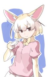 Rule 34 | 10s, 1girl, ^^^, animal ears, arm at side, blonde hair, blue background, blush, brown eyes, brown hair, closed mouth, extra ears, eyebrows, eyelashes, fennec (kemono friends), fox ears, gloves, gradient hair, hair between eyes, hand up, jitome, kemono friends, kuze (ira), looking at viewer, multicolored background, multicolored clothes, multicolored gloves, multicolored hair, neck ribbon, outline, pink sweater, pleated skirt, pointing, pointing at self, puffy short sleeves, puffy sleeves, ribbon, sanpaku, short-sleeved sweater, short hair, short sleeves, skirt, smile, solo, sweater, two-tone background, upper body, white background, white gloves, white hair, white outline, white skirt, yellow gloves, yellow ribbon