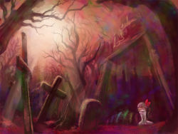Rule 34 | 1girl, bare tree, bow, castle, creepy, cross, female focus, flandre scarlet, gloom (expression), grave, graveyard, hat, hat bow, katzeh, latin cross, light rays, lonely, looking down, mob cap, night, on ground, outdoors, ponytail, red eyes, red theme, scared, side ponytail, sitting, solo, sunbeam, sunlight, tombstone, touhou, tree, v arms, wings