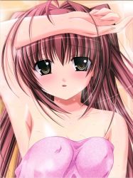Rule 34 | 00s, 1girl, anejiru, arm up, atelier kaguya, bare shoulders, blush, breasts, choco chip, collarbone, covered erect nipples, game cg, long hair, looking at viewer, open mouth, red hair, shirakawa anzu, small breasts, solo, towel, wet