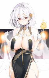 Rule 34 | 1girl, azur lane, blush, braid, breasts, china dress, chinese clothes, cleavage, closed mouth, commentary request, dress, french braid, gloves, highres, hoerutarou, large breasts, looking at viewer, manjuu (azur lane), medium hair, outside border, red eyes, silver hair, simple background, sirius (azur lane), sirius (azure horizons) (azur lane), smile, solo, standing, white background, white gloves