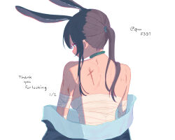 Rule 34 | 1girl, amiya (arknights), animal ears, arknights, bandaged arm, bandages, bare back, blue choker, blue eyes, brown hair, chest sarashi, choker, commentary request, from behind, midriff sarashi, off shoulder, ponytail, quu5337, rabbit ears, sarashi, scar, scar on back, simple background, solo, upper body, white background