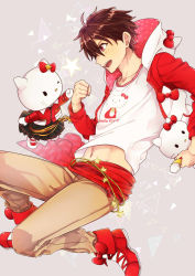 Rule 34 | 1boy, 1girl, adapted costume, animal hood, blush, bow, brown hair, cat, cat hood, clenched hand, cosplay, crossover, ensemble stars!, gold trim, hello kitty, hello kitty (character), hood, looking at another, male focus, midriff peek, morisawa chiaki, morisawa chiaki (cosplay), navel, nayuta (charinkoo), one eye closed, red eyes, sanrio, sash, shoes, skirt, sneakers, whiskers